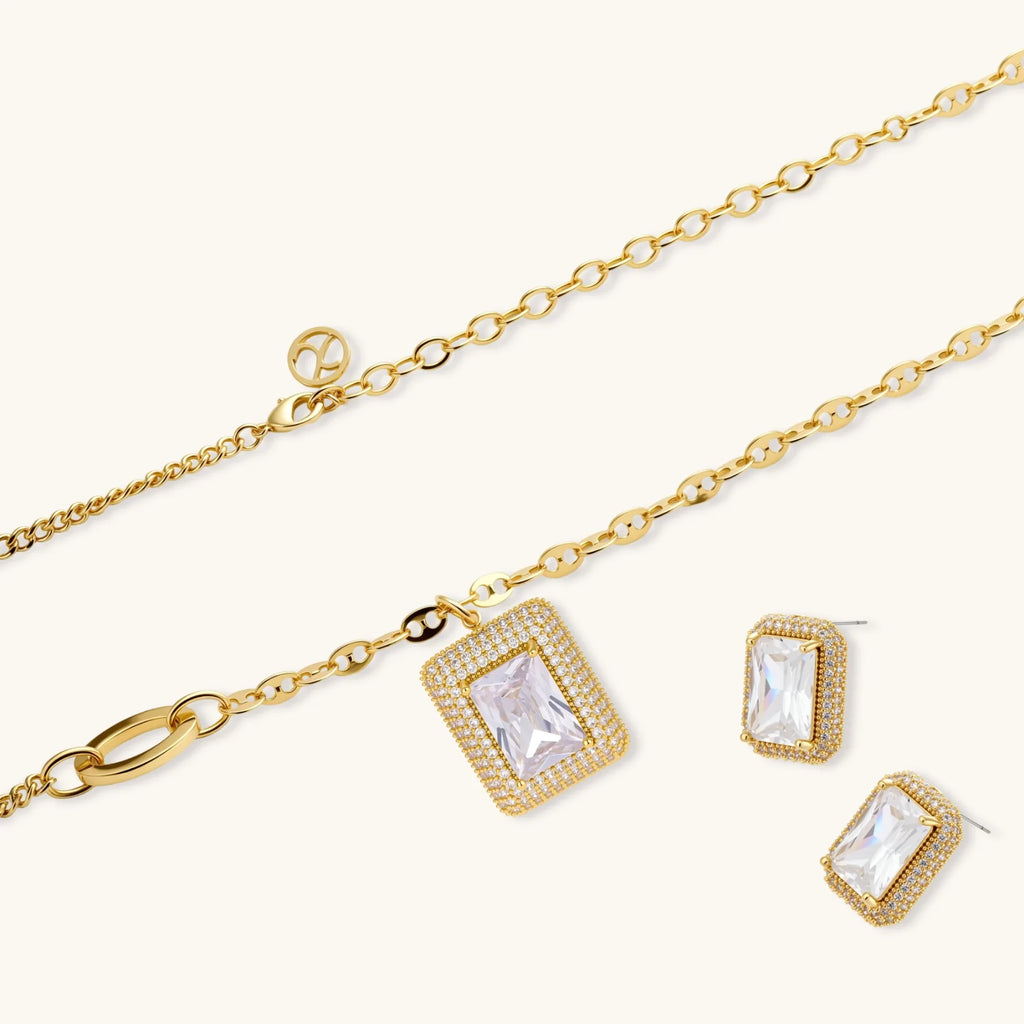 Emerald Cut Halo Jewellery Set – The Gold Edit | SimKap Jewellery