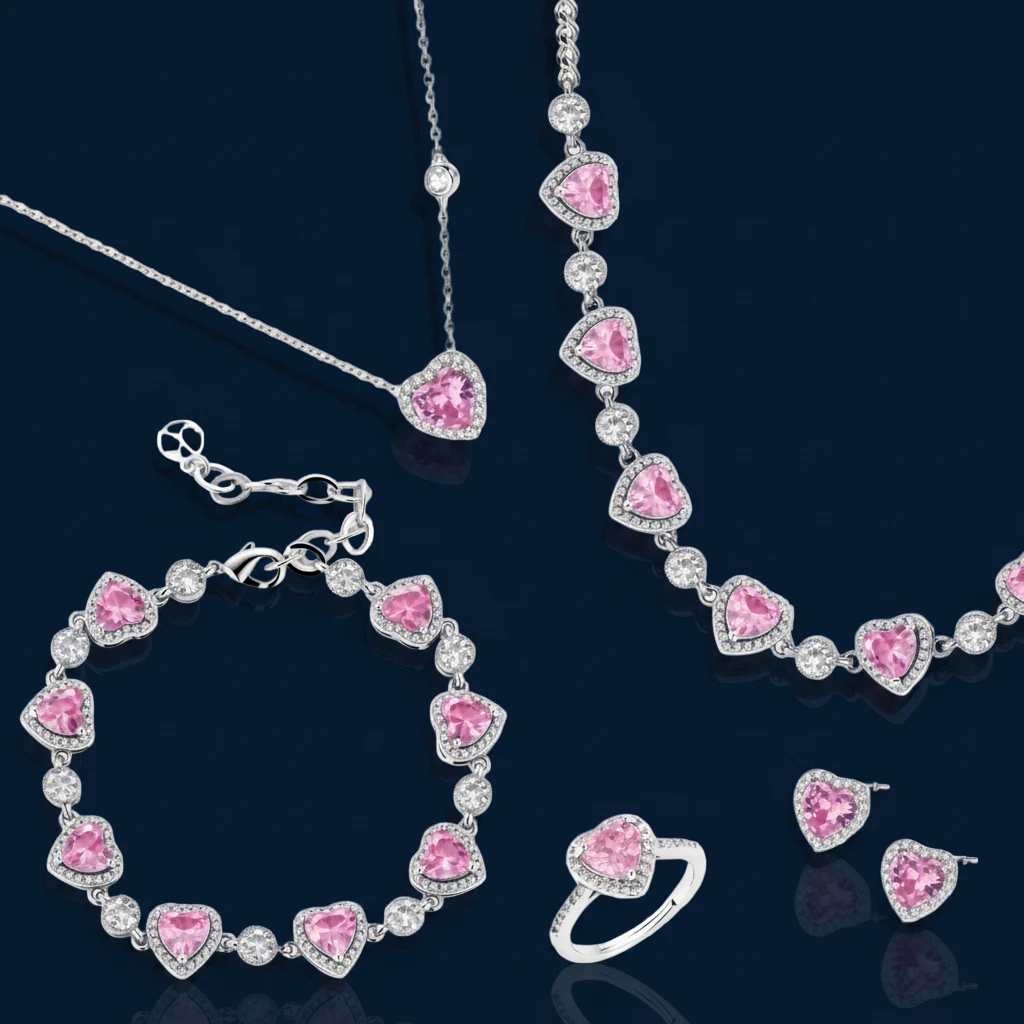 Pink heart-shaped cubic zirconia jewelry set with white gold plating featuring necklace, earrings, bracelet and ring