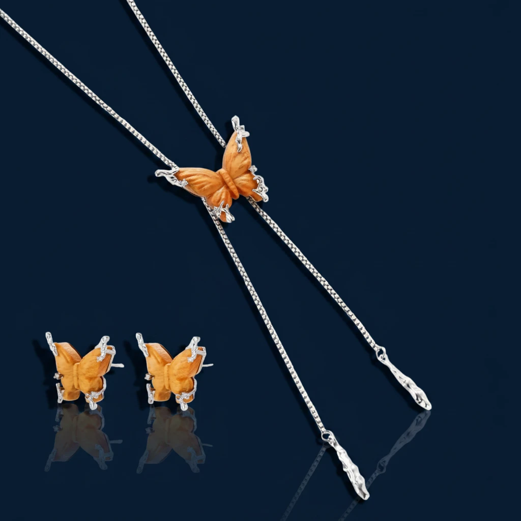 Amber wood butterfly pendant necklace with dangling chains and matching carved wood butterfly earrings on white background.