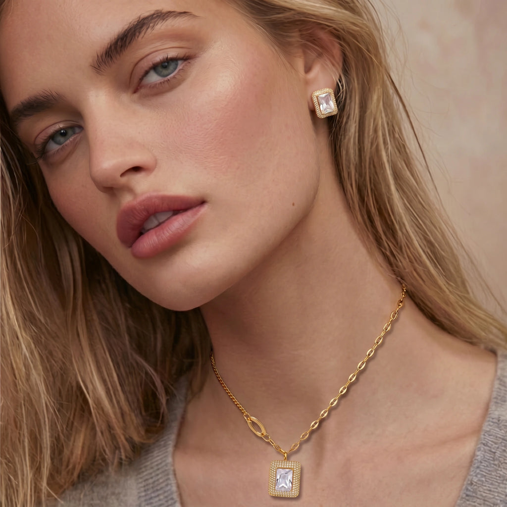 Emerald Cut Halo Jewellery Set – The Gold Edit | SimKap Jewellery