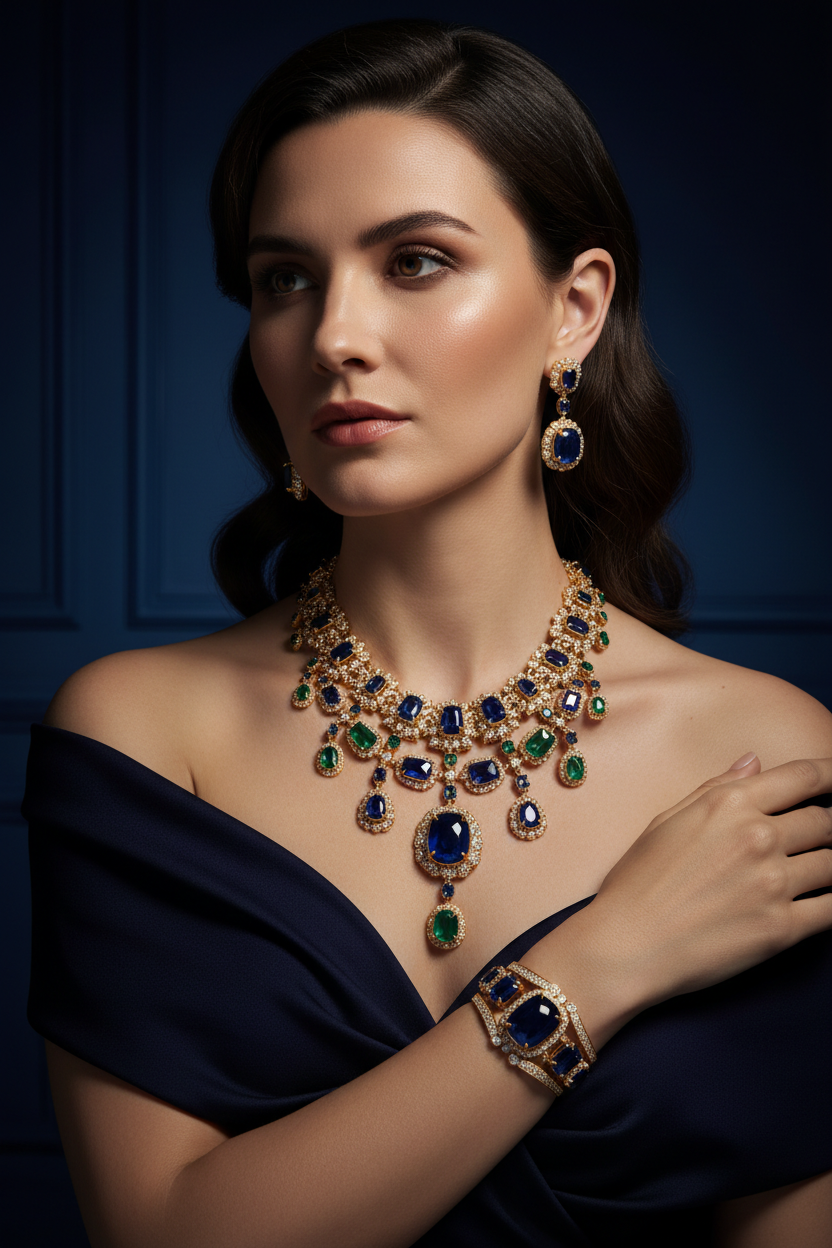 Beautiful woman with jewellery on navy blue background