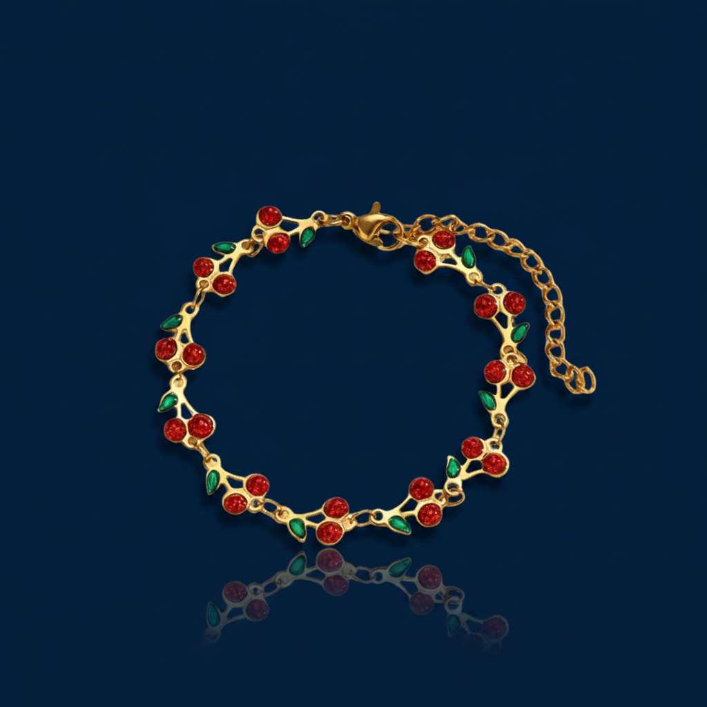 Cherry Charm Bracelet – 18K Gold Plated Purple Crystal & Green Enamel Bracelet – The Gold Edit | SimKap Jewellery
