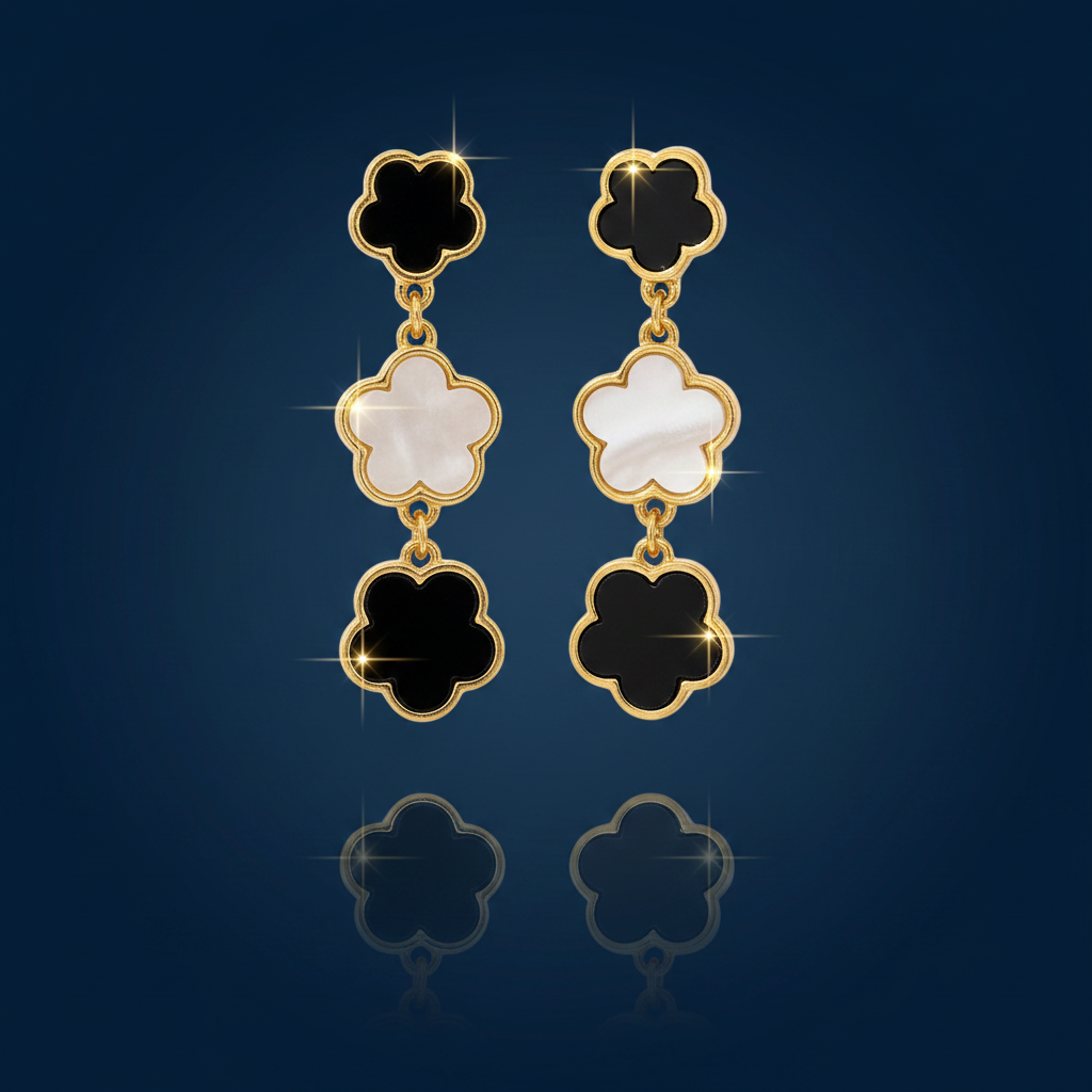 Gold & Black Lucky Clover Drop Earrings – 18K Gold-Plated