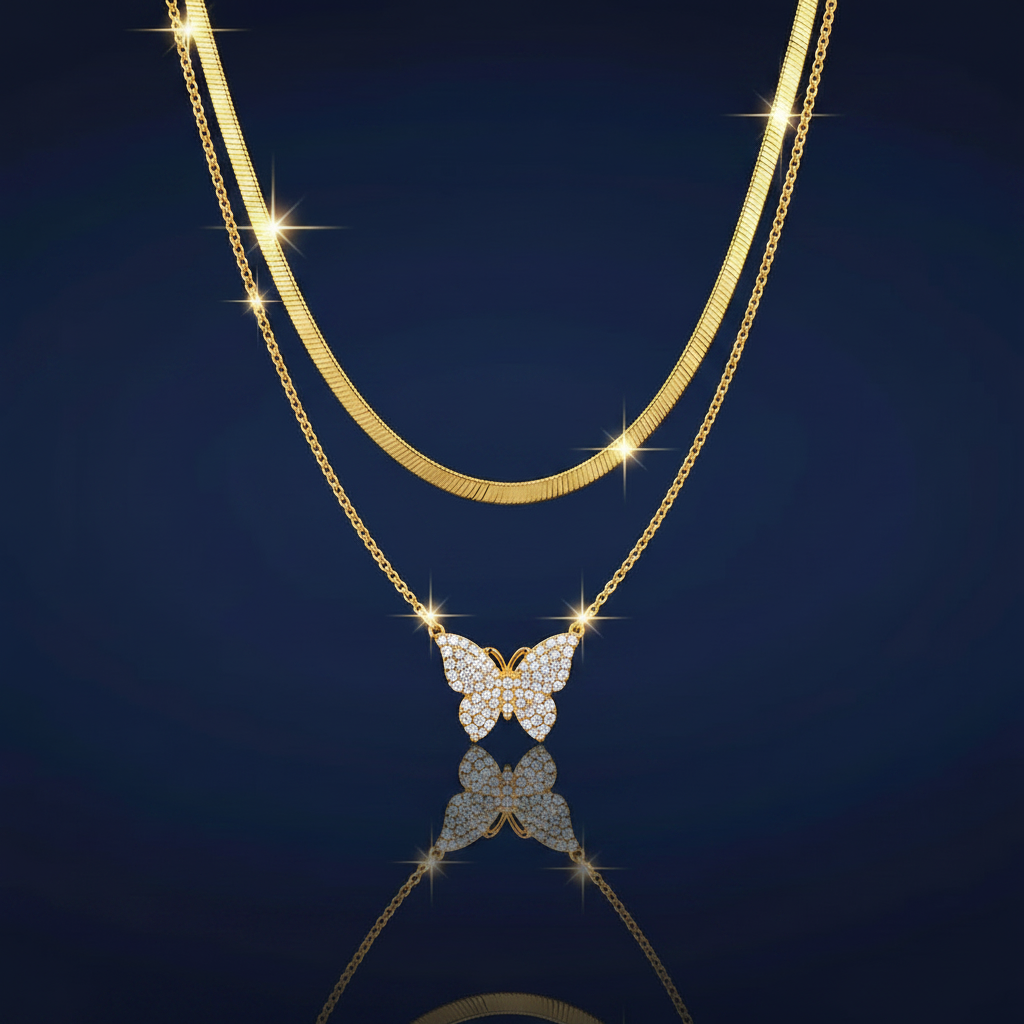 Double Layered Butterfly Necklace Navy