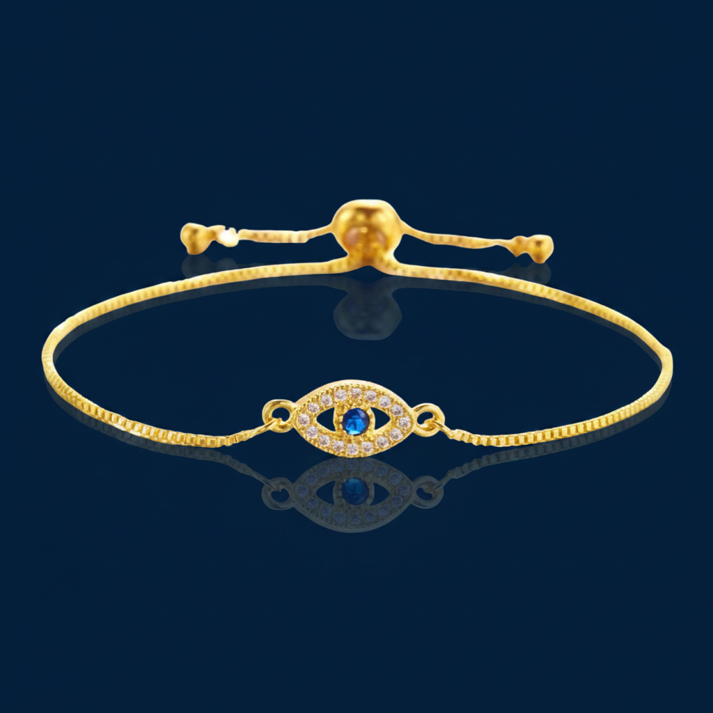 Evil Eye Charm Bracelet – 18K Gold Plated Blue Crystal Adjustable Bracelet – The Gold Edit | SimKap Jewellery