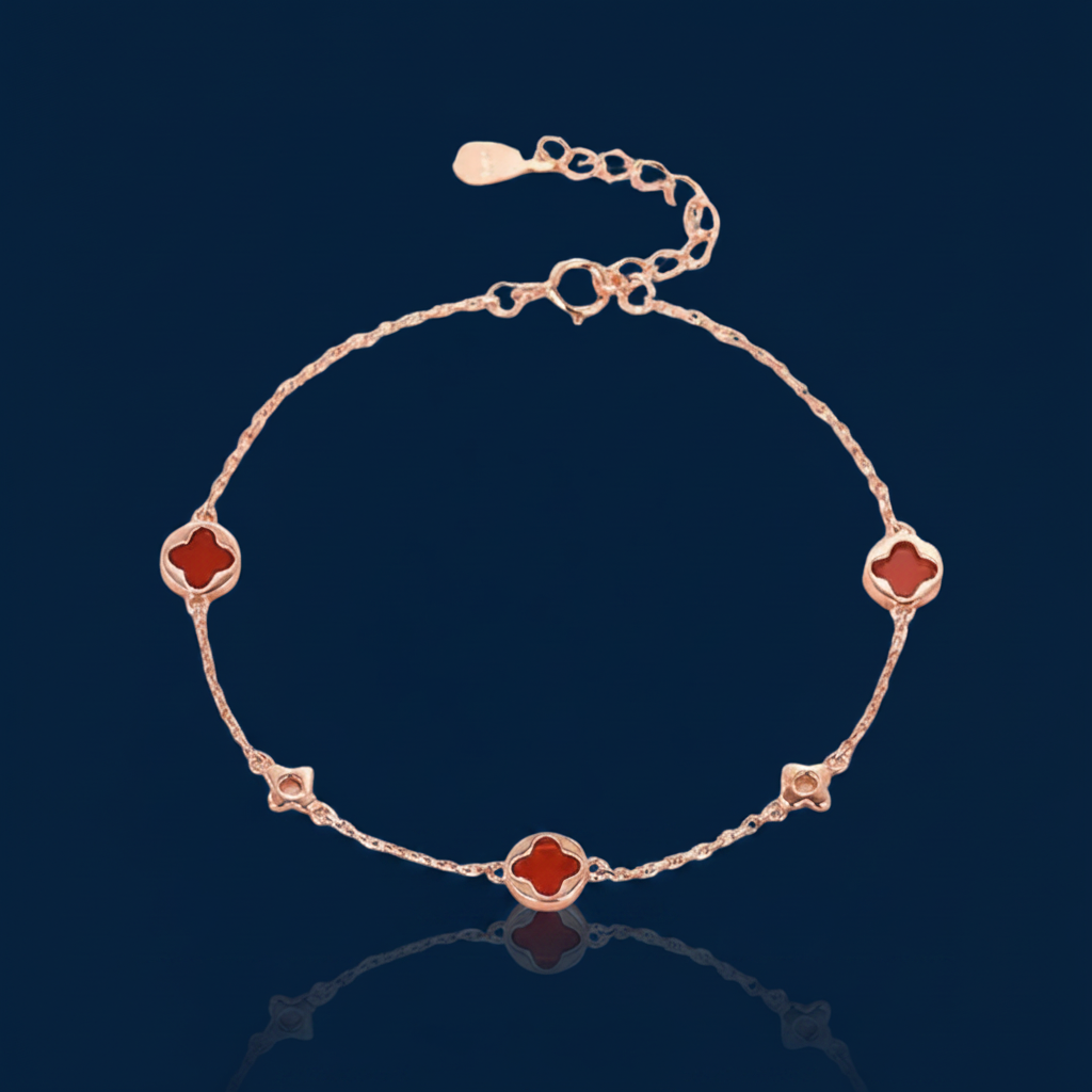 925 Sterling Silver Four Leaf Clover Bracelet | 18K Rose Gold | Agate