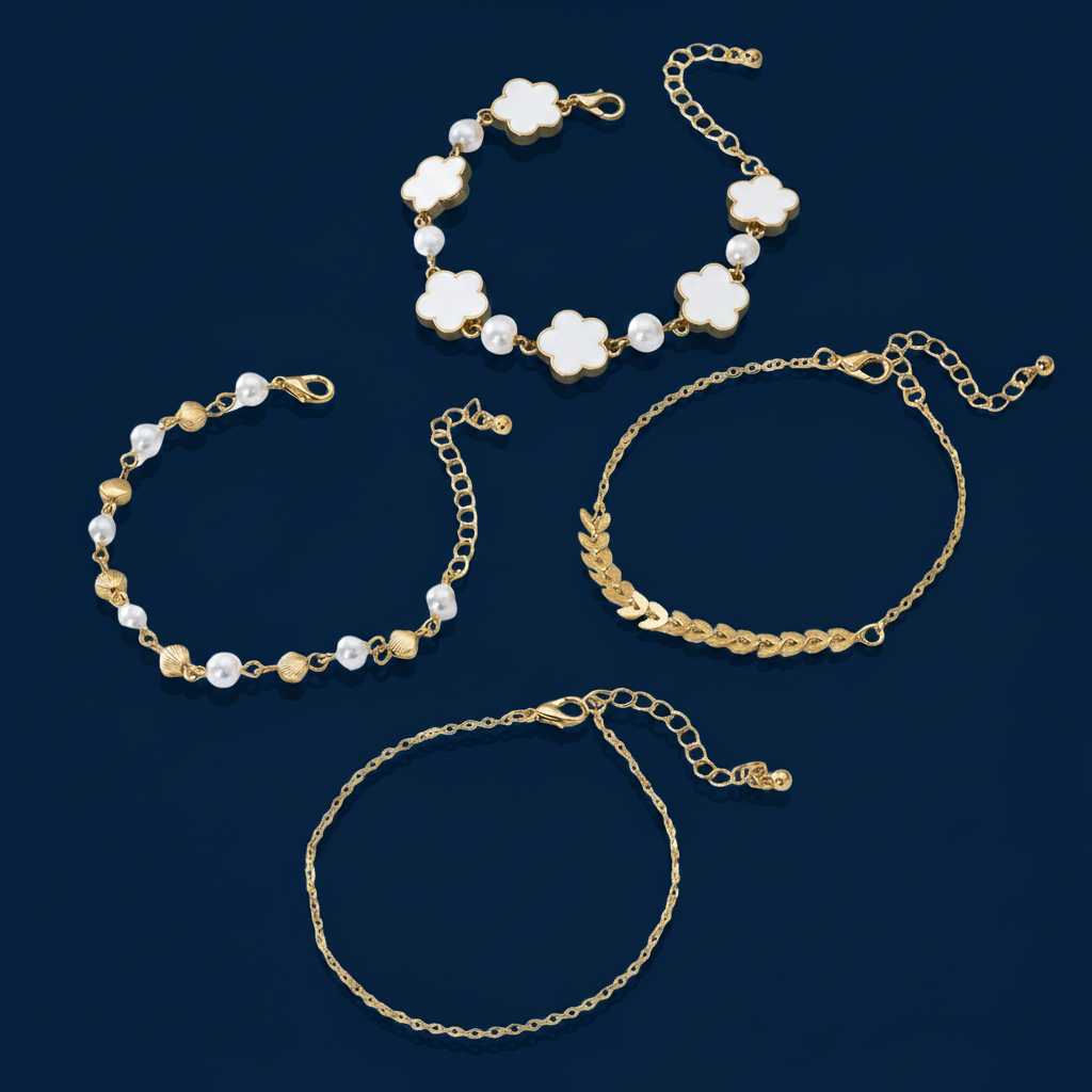 Gold Stacking Bracelet Set  4-Piece 18K Gold Plated Pearl & Black Clover Bracelet Set – The Gold Edit | SimKap Jewellery