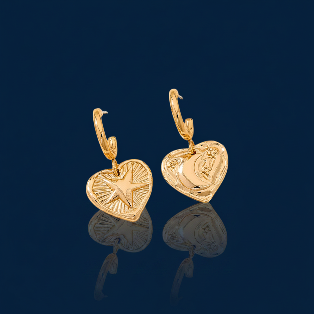 Gold Celestial Heart Drop Earrings – 18K Gold-Plated