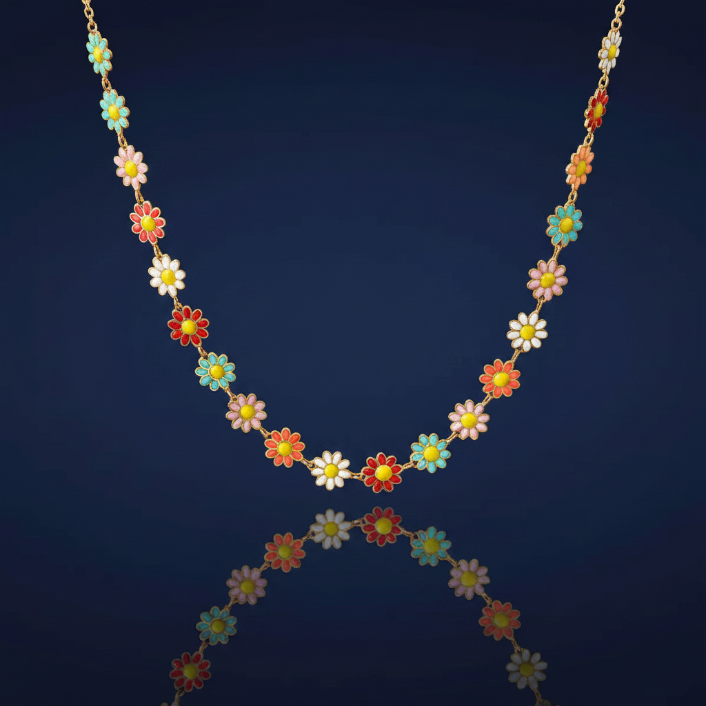 Colorful Enamel Daisy Flower Chain Necklace in Gold-Plated Titanium Steel on navy blue background