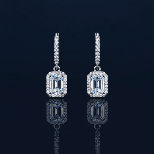 1 Carat Moissanite Emerald-Cut Halo Drop Earrings on navy blue background