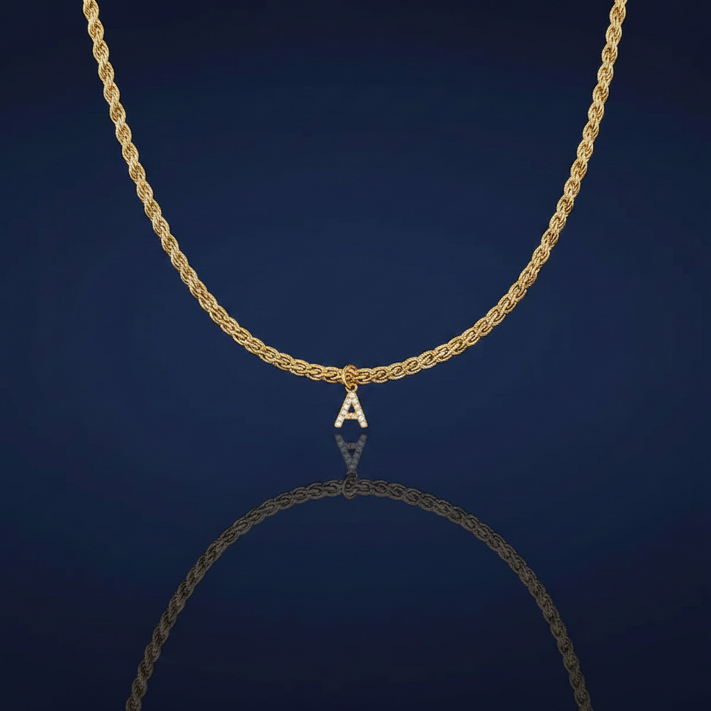 18K Gold-Plated Initial Letter Pendant Necklace with Zircon on Chunky Rope Chain on navy blue background
