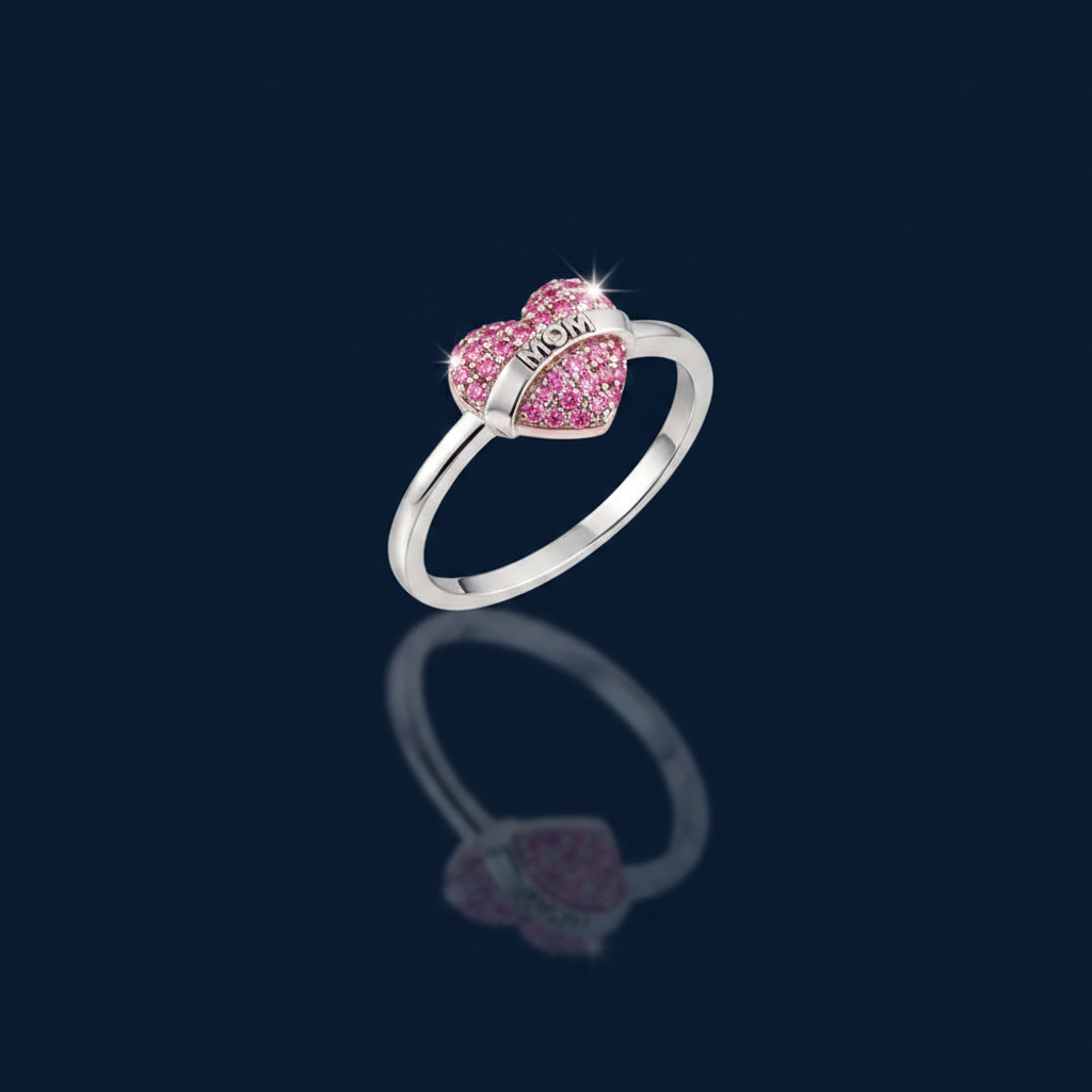 MOM Heart Shape 925 Sterling Silver Ring with Pink Zircon on navy blue background