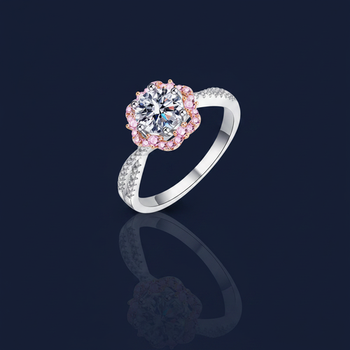 1 Carat Moissanite Flower Halo Crisscross Ring on navy blue background