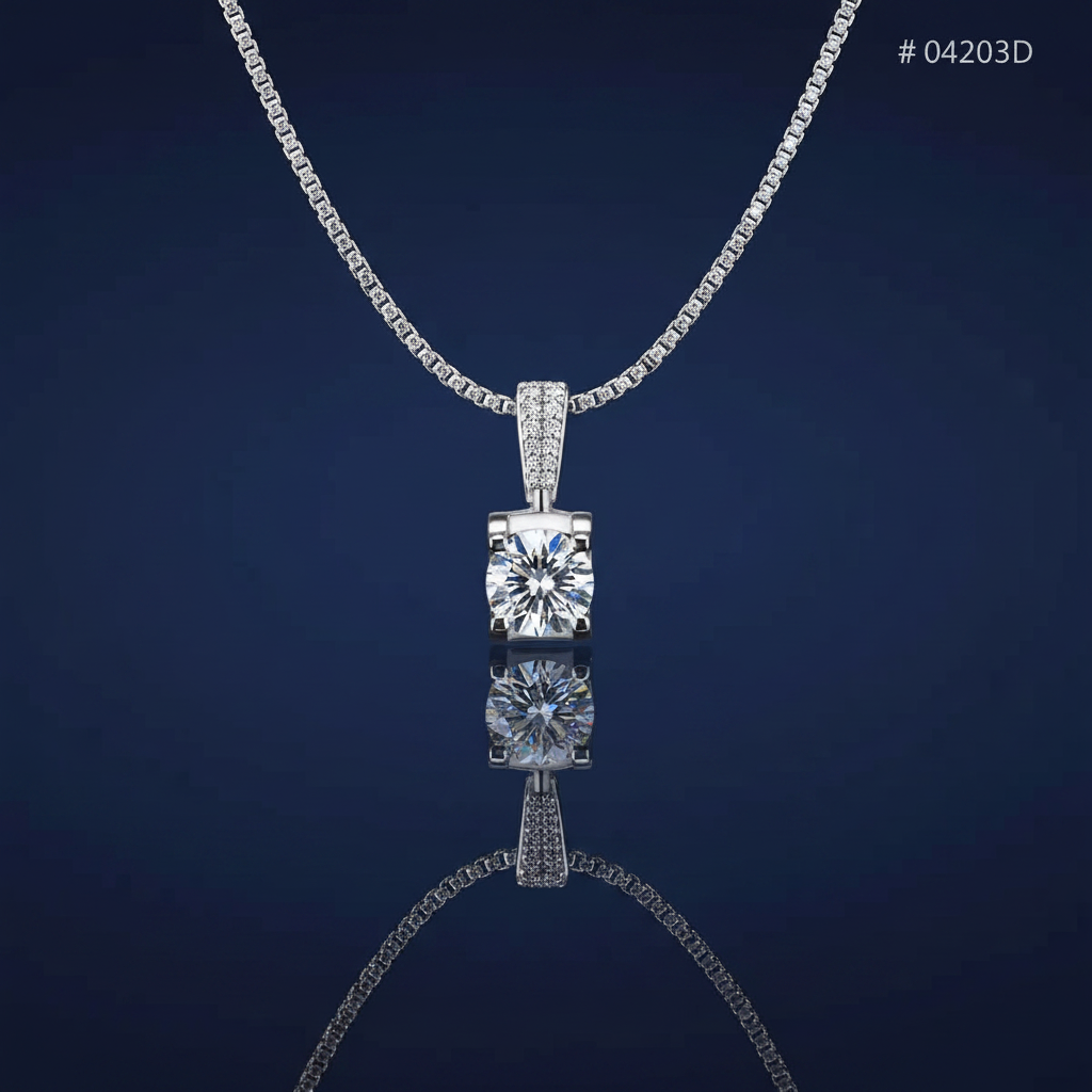 Sterling silver moissanite necklace on navy blue background