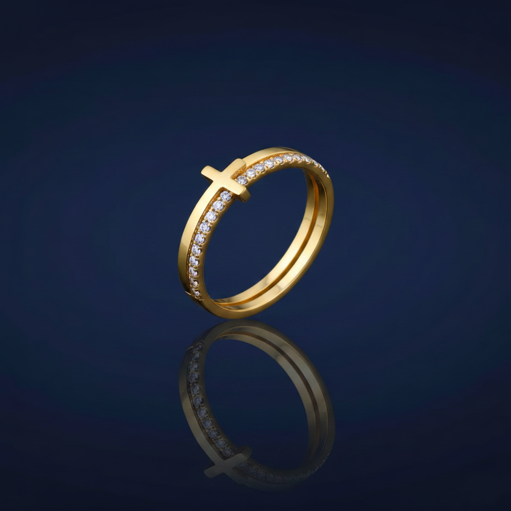 18K Gold-Plated 925 Sterling Silver Double Band Cross Ring on navy blue background