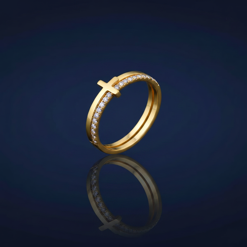 18K Gold-Plated 925 Sterling Silver Double Band Cross Ring on navy blue background