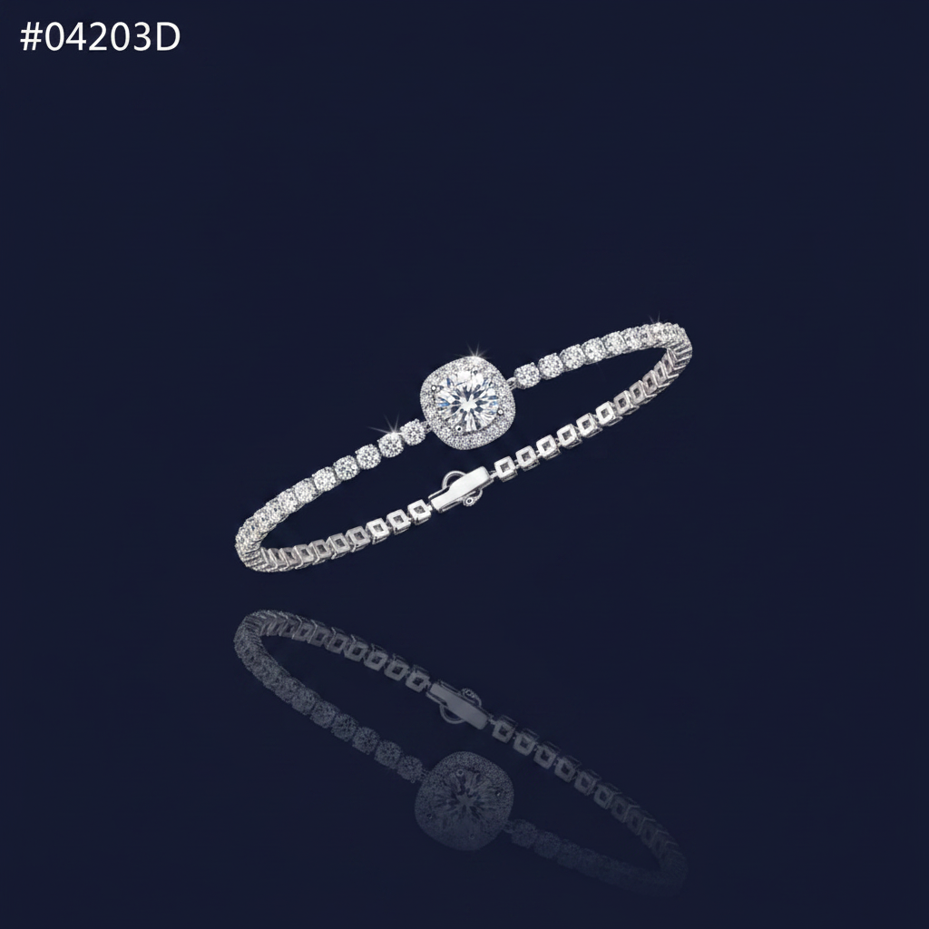 1 Carat Moissanite Sterling Silver Chain Bracelet on navy blue background