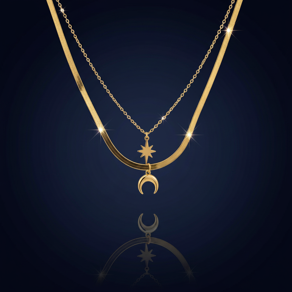 18K Gold Moon & Star Layered Necklace Set - SimKap Jewellery