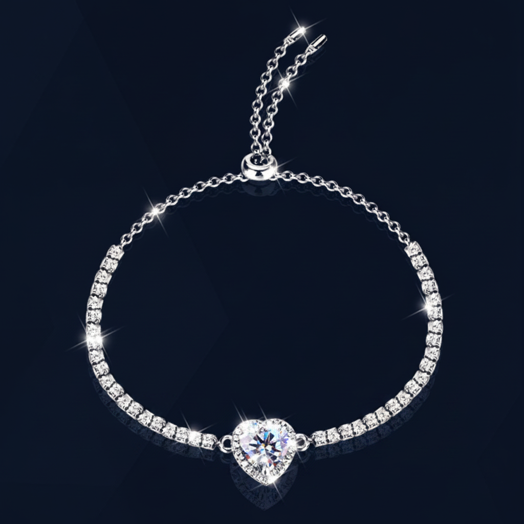 2 Carat Moissanite Heart Chain Bracelet on navy blue background