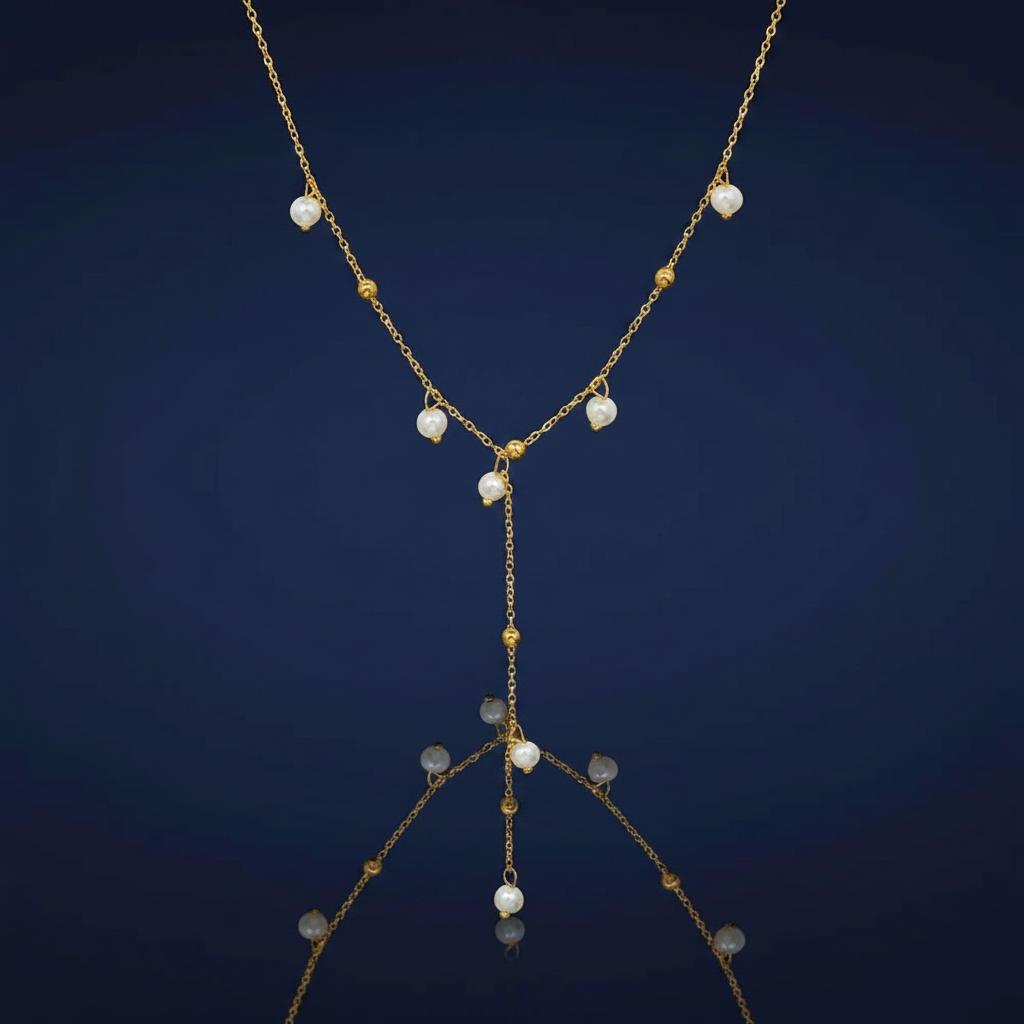 18K Gold-Plated Pearl and Gold Bead Lariat Y-Drop Necklace on navy blue background