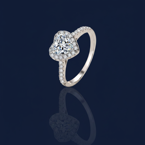 1 Carat Heart-Shaped Moissanite Halo Ring on navy blue background