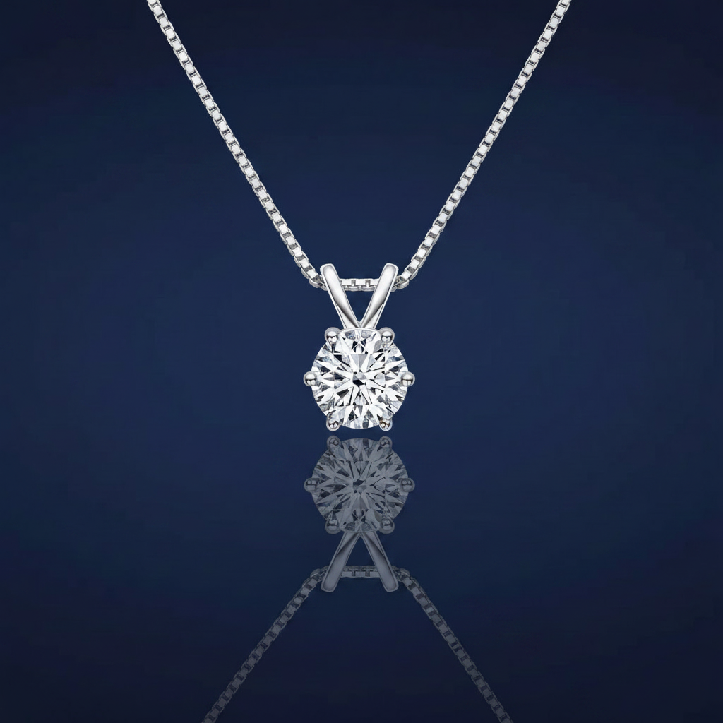 1 Carat Moissanite Solitaire Pendant Necklace in Platinum-Plated 925 Sterling Silver on navy blue background