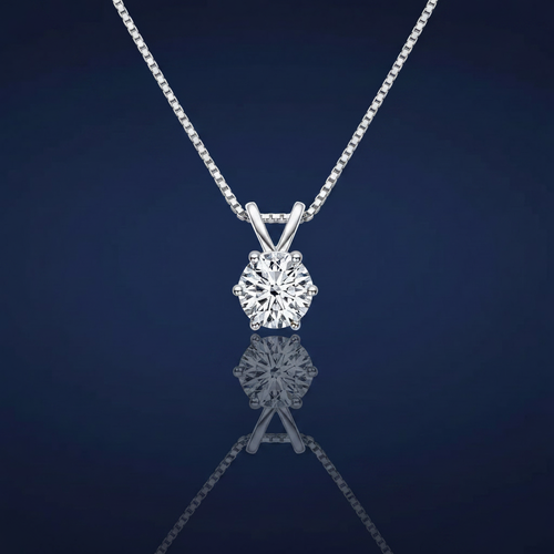 1 Carat Moissanite Solitaire Pendant Necklace in Platinum-Plated 925 Sterling Silver on navy blue background