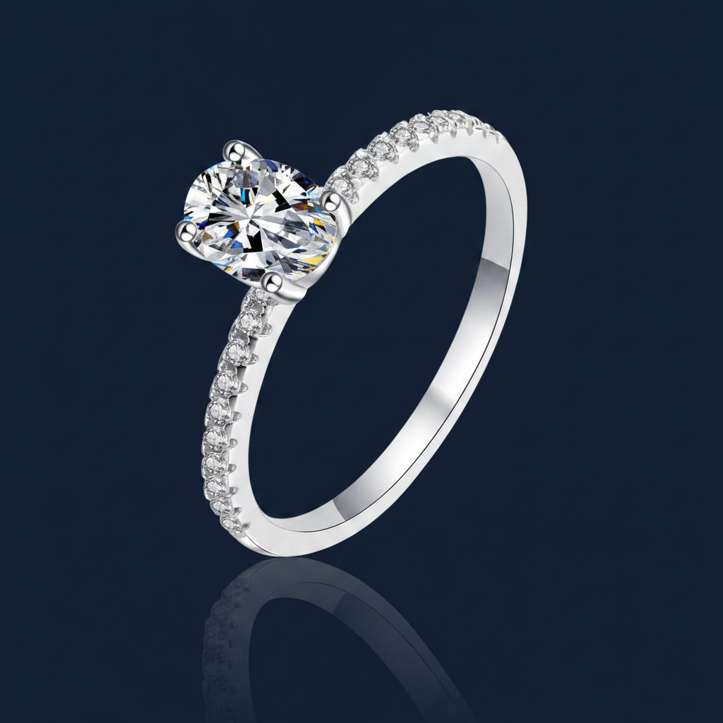 1 Carat Moissanite Solitaire Ring in Rhodium-Plated 925 Sterling Silver on navy blue background