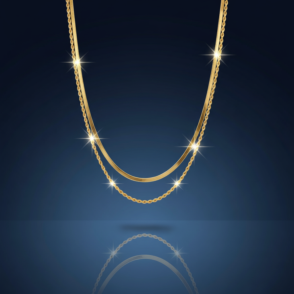 18K Gold Herringbone & Rope Double Layer Necklace - SimKap Jewellery