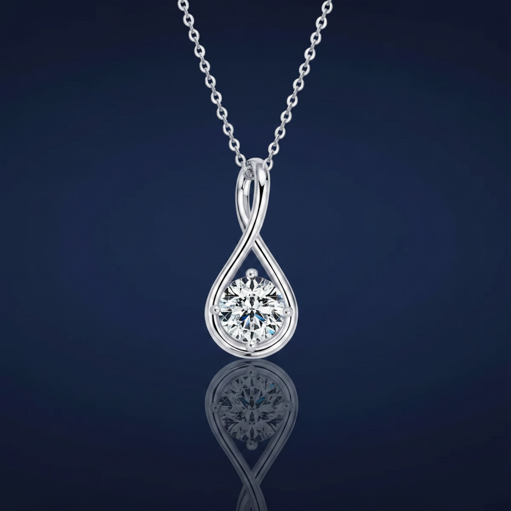 2 Carat Moissanite Infinity Teardrop Pendant Necklace in Platinum-Plated 925 Sterling Silver on navy blue background