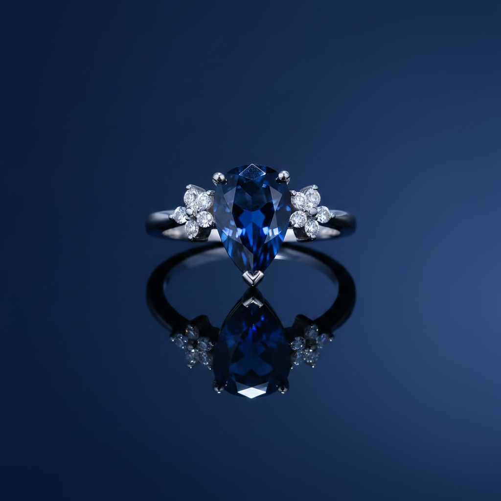 3 Carat Blue Sapphire Moissanite Pear-Cut Ring in 925 Sterling Silver on navy blue background