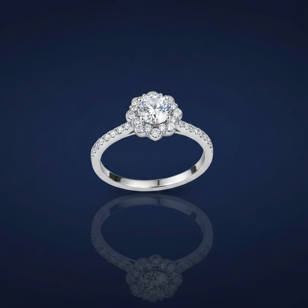 1 Carat Moissanite Flower Halo Ring in 925 Sterling Silver on navy blue background