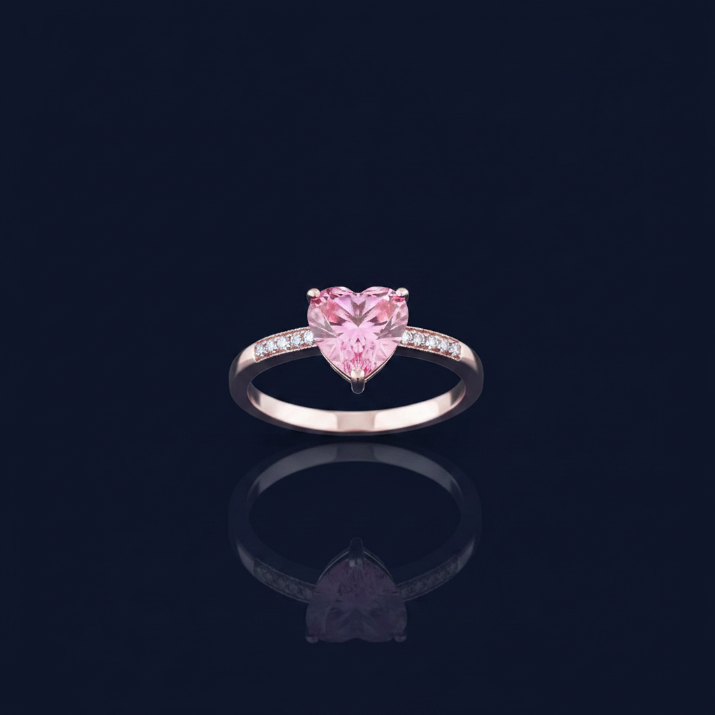 Pink Heart Zircon 925 Sterling Silver Solitaire Ring on navy blue background