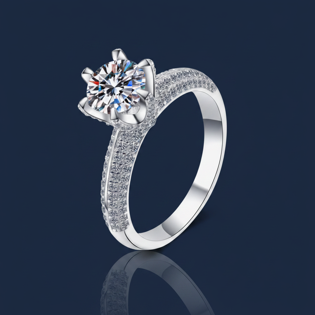2 Carat Moissanite Rhodium-Plated 925 Sterling Silver Pave Side Stone Ring on navy blue background