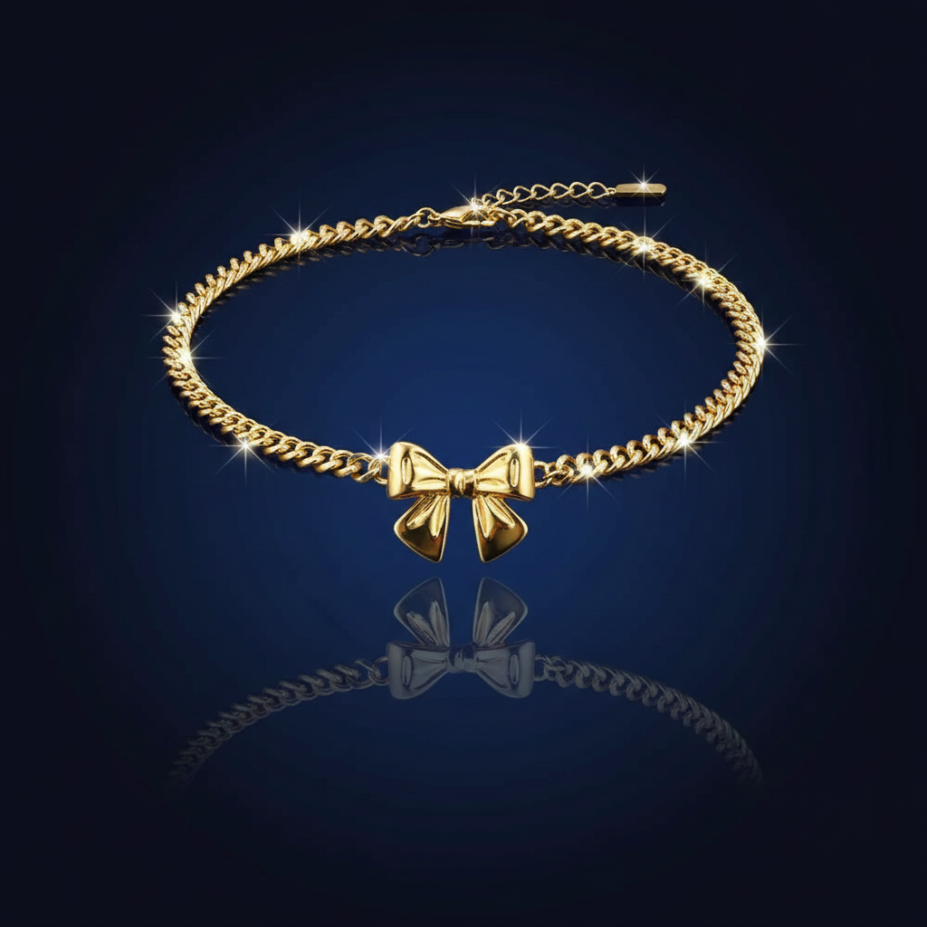 18K Gold Bow Cuban Chain Choker Necklace - SimKap Jewellery