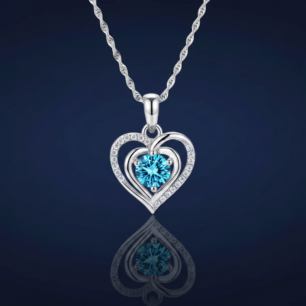 925 Sterling Silver Double Heart Pendant Necklace with Blue Zircon on navy blue background