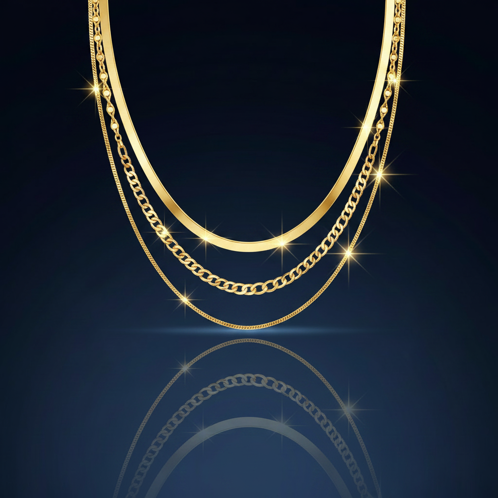 18K Gold Triple Layered Chain Necklace Set - SimKap Jewellery