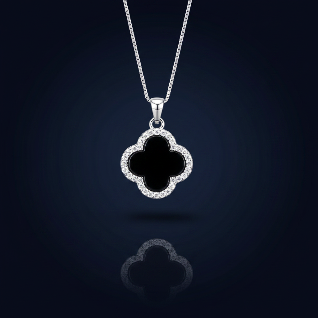 925 Sterling Silver Clover Pendant Necklace on navy blue background