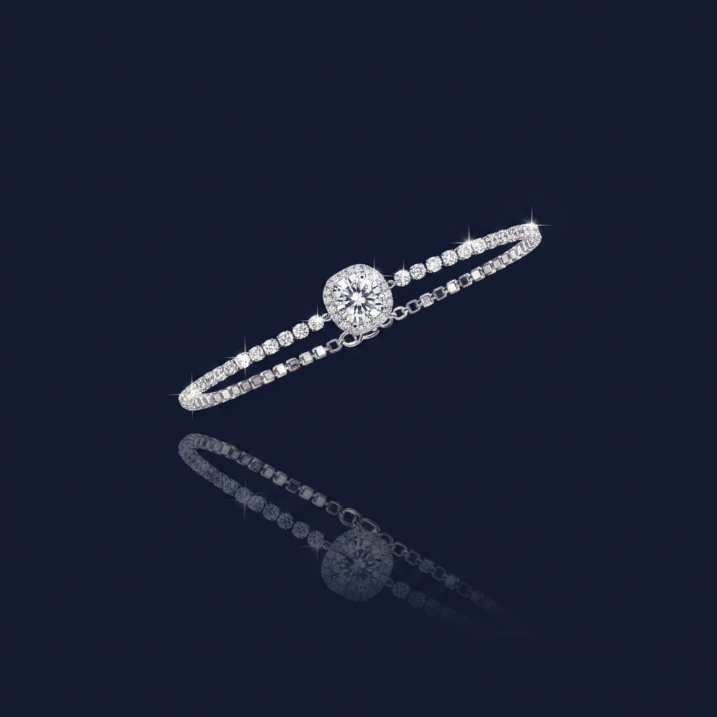 1 Carat Moissanite Sterling Silver Chain Bracelet on navy blue background