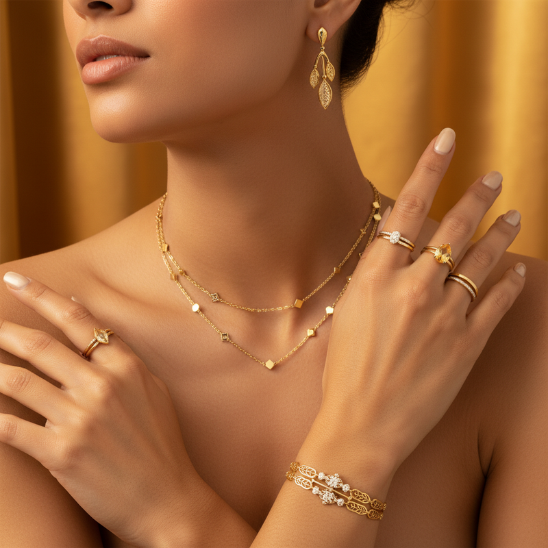 Jewellery on neck, hands, fingers and ears, golden background