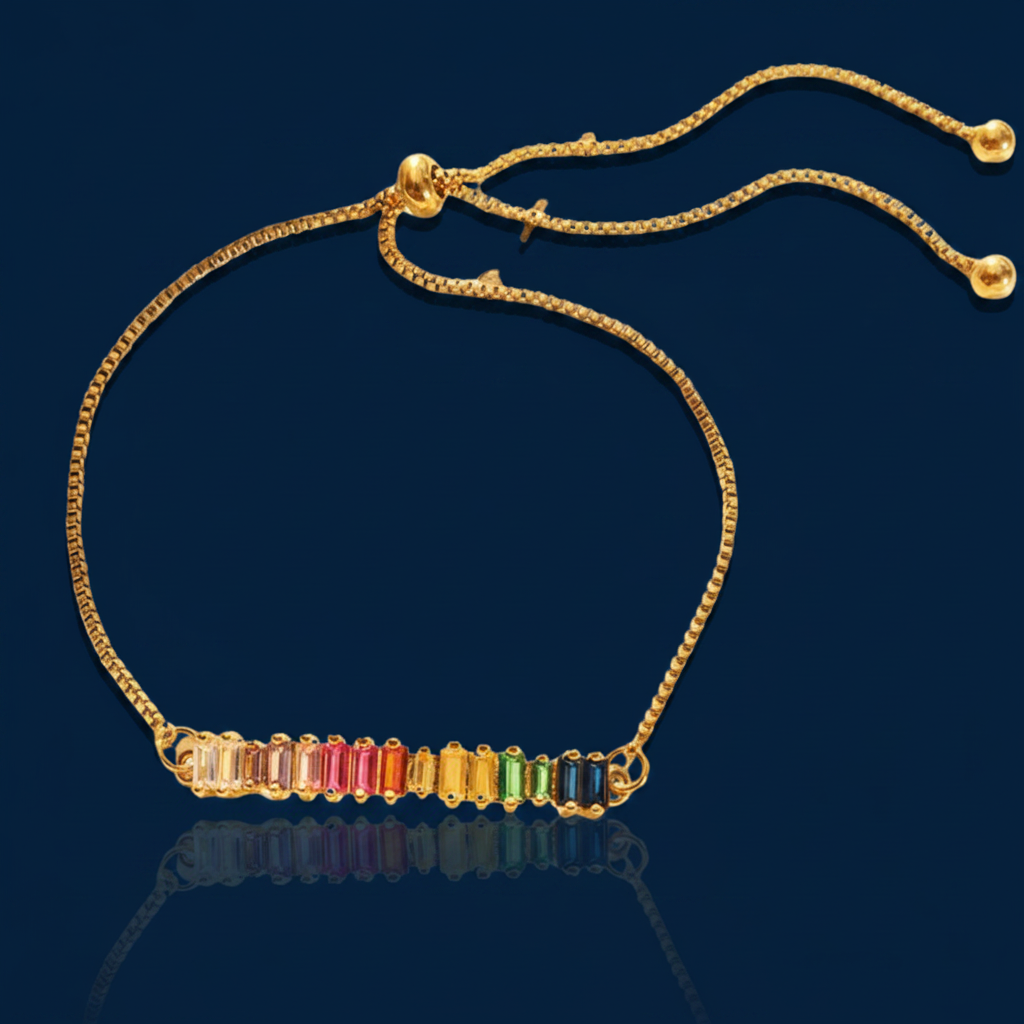 Rainbow Zircon Gold Bracelet – Adjustable Baguette Crystal Bar Bracelet – The Gold Edit | SimKap Jewellery