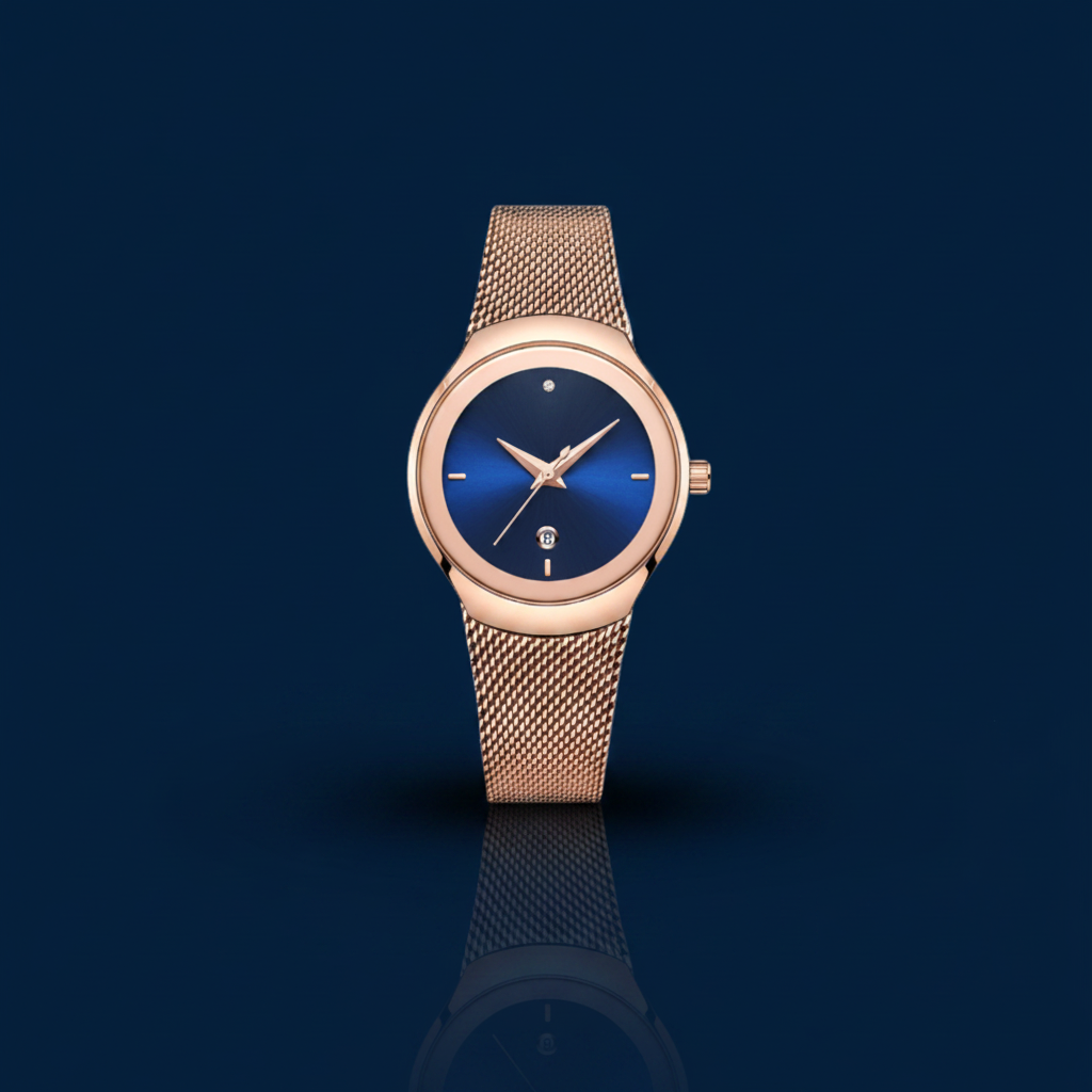 Rose Gold Blue Dial Mesh Watch Mirror Shadow