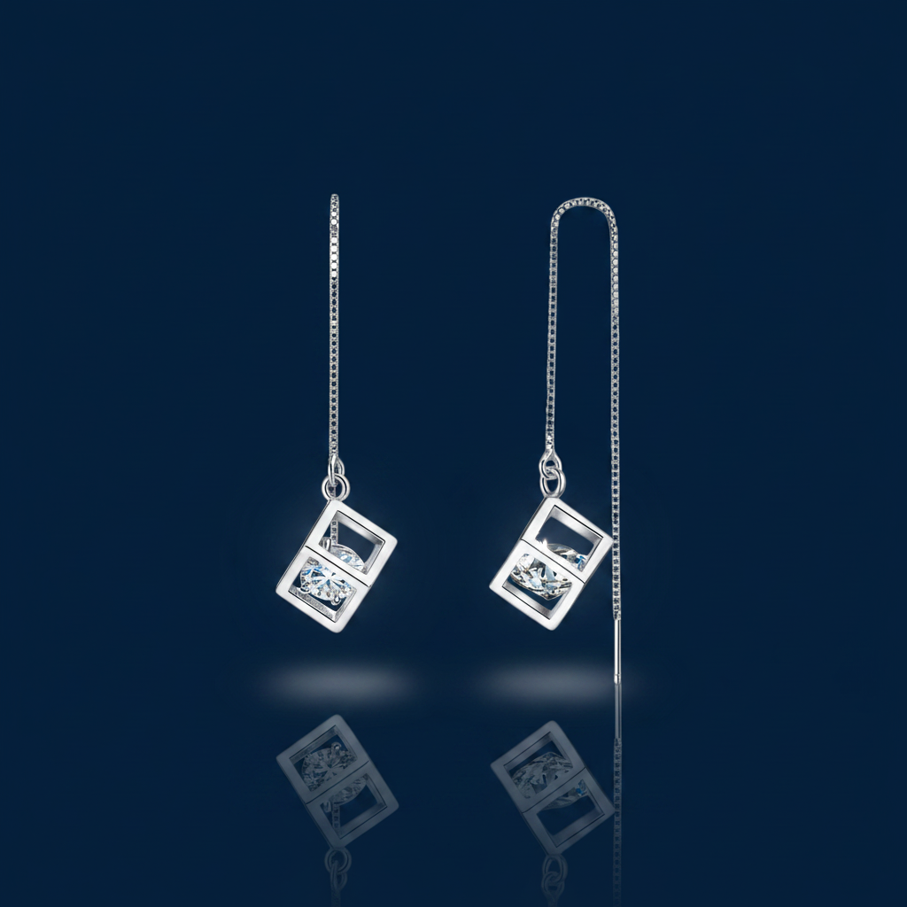 Silver Moissanite Threader Earrings – Shadow & Mirror